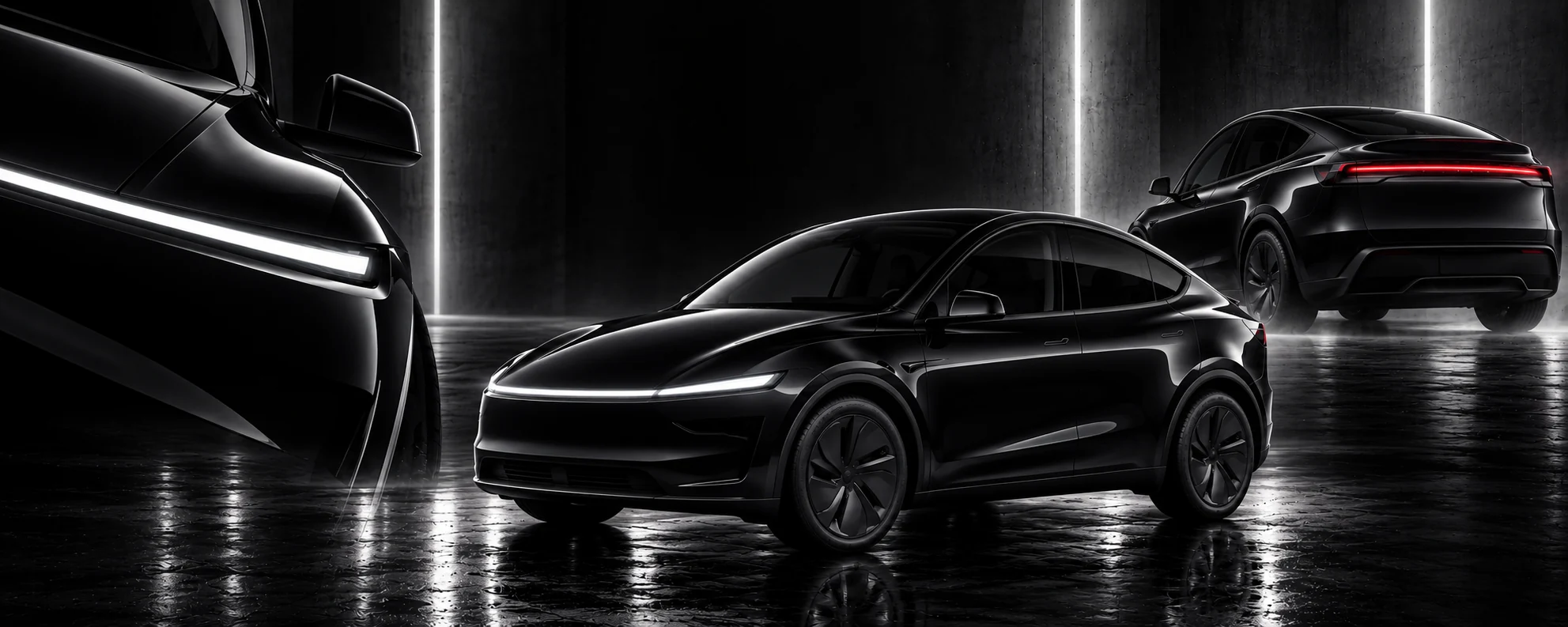 Černá Tesla Model Y v temném studiu: svítící příď, elegantní profil a červená zadní světelná linka