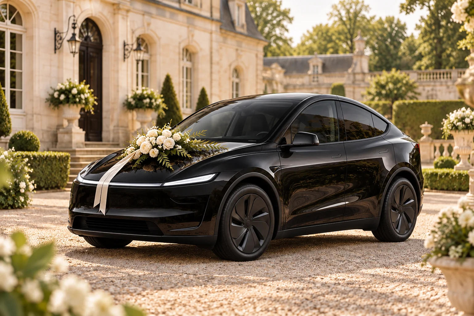 Vizualizace černé Tesly Model Y s jemnou bílou svatební výzdobou